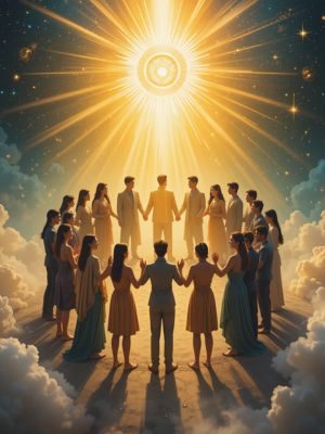Pessoas de diferentes culturas unidas em círculo de luz.