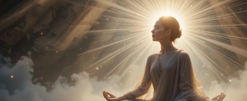 Pessoa meditando com guia espiritual tocando seu ombro em luz suave.