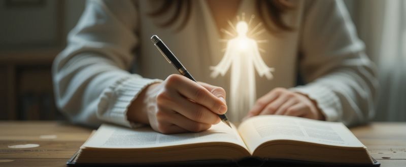Pessoa escrevendo em diário com guia espiritual ao fundo.
