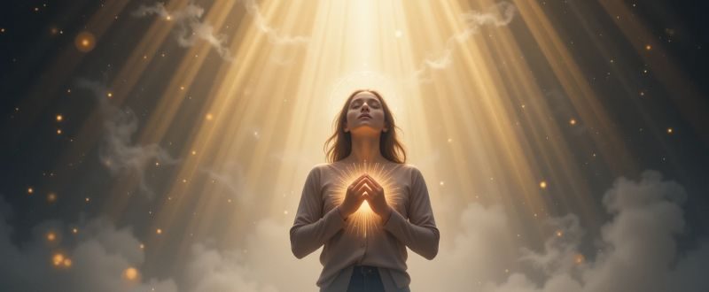 Pessoa com mãos no coração envolvida em luz recebendo energia dos guias.