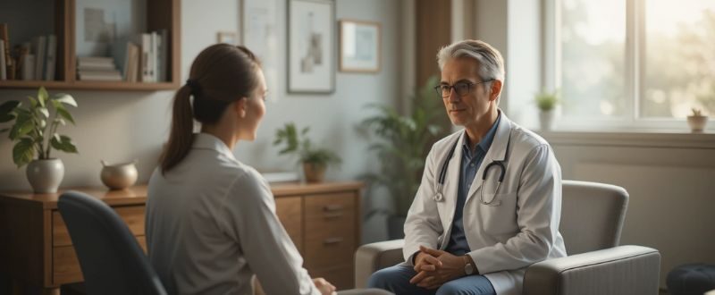 Médico ouvindo paciente que passou por uma EQM, simbolizando acolhimento e compreensão.