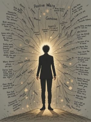 Mapa mental com pensamentos positivos e perguntas em volta de uma silhueta brilhante, representando o processo de reflexão pessoal.