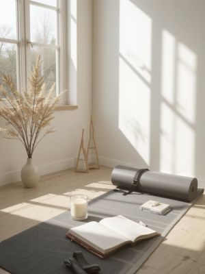 Cena minimalista de uma manhã tranquila com elementos de autocuidado, como tapete de yoga, vela e caderno de anotações.