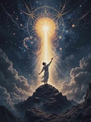 Figura humana se elevando da escuridão para a luz, simbolizando libertação cármica.