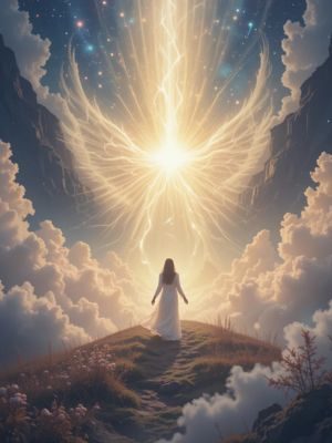 Ser espiritual se aproximando de uma pessoa em paisagem celestial.