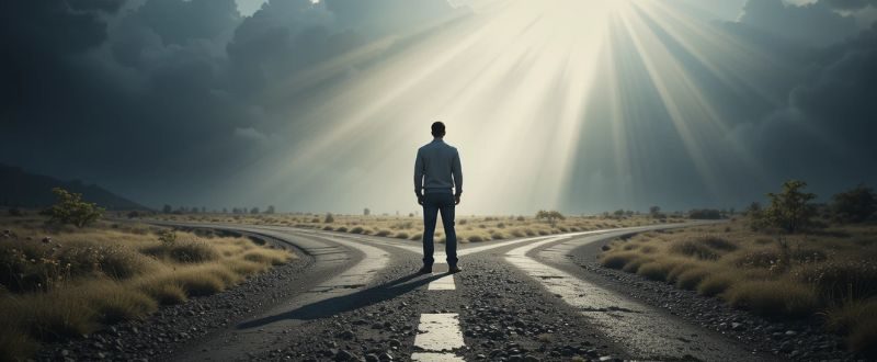 Pessoa diante de dois caminhos, simbolizando a responsabilidade pelas escolhas.