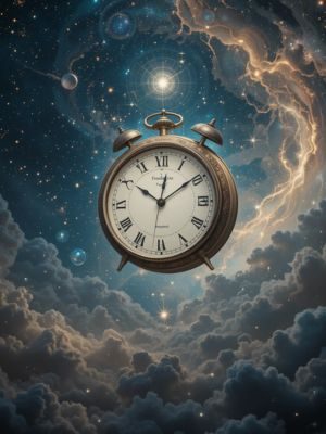 Relógio flutuando no espaço, representando o tempo divino.