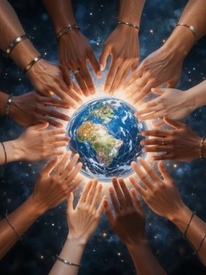Mãos formando um círculo de luz ao redor da Terra.