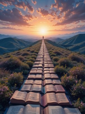 Caminho simbólico feito de livros levando a um horizonte iluminado, ilustrando a evolução que ocorre ao se conhecer melhor.
