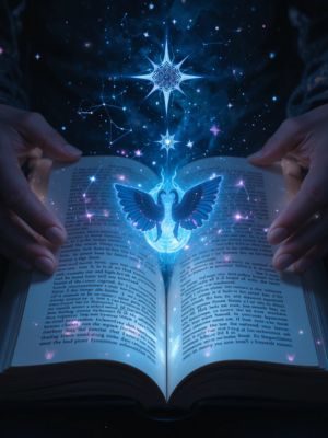 Mãos segurando um livro aberto com símbolos espirituais brilhando nas páginas, representando o poder transformador da leitura.