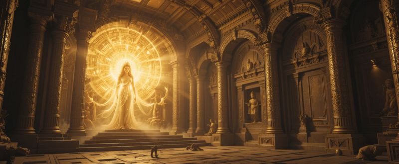 Representação antiga de projeção astral em um templo místico, com aura brilhante e entalhes detalhados.