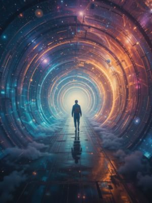 Pessoa viajando por um túnel cósmico de luz, com estrelas e galáxias ao fundo, em cores vivas.