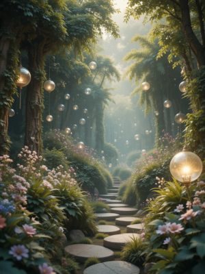 Jardim sereno em outra dimensão, com esferas de luz flutuantes e atmosfera mágica.
