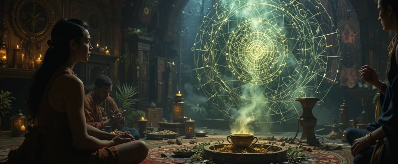 Pessoa em cerimônia de Ayahuasca com luzes representando visões.