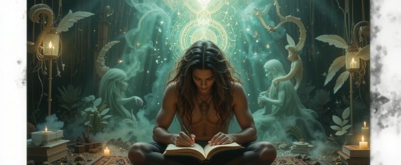 Pessoa escrevendo em diário após cerimônia de Ayahuasca com luzes suaves.