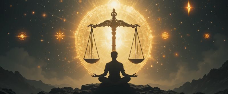 Balança cósmica representando o karma, com luz e sombra em equilíbrio.