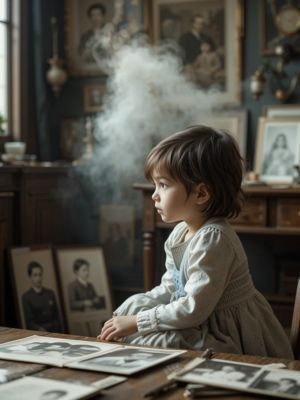 Criança pensativa olhando fotos antigas com expressão de lembrança.