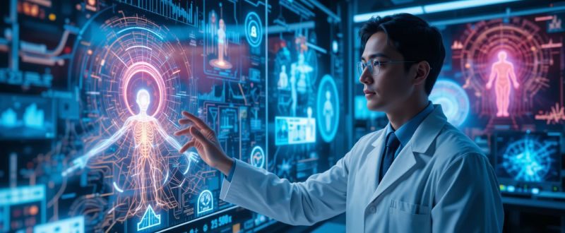 Cientista moderno analisando dados sobre experiências de quase morte.