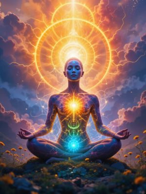 Pessoa meditando com luz vibrante ao redor, elevando a vibração energética.