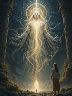 Ser luminoso de outra dimensão estendendo a mão para um humano, simbolizando contato espiritual.