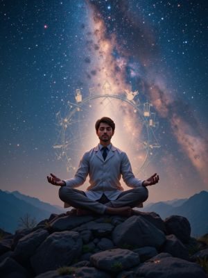 Cientista meditando sob as estrelas, simbolizando a integração entre ciência e espiritualidade.