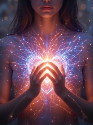 Pessoa com mãos no coração rodeada por ondas de luz representando gratidão.