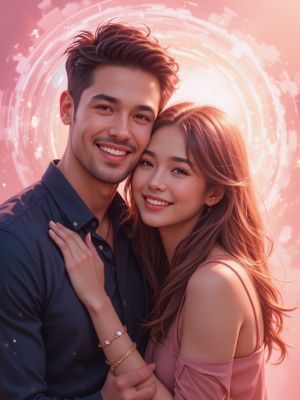 Casal sorrindo e se abraçando com aura rosa ao redor, representando a Cura Pelo Amor em relacionamentos.
