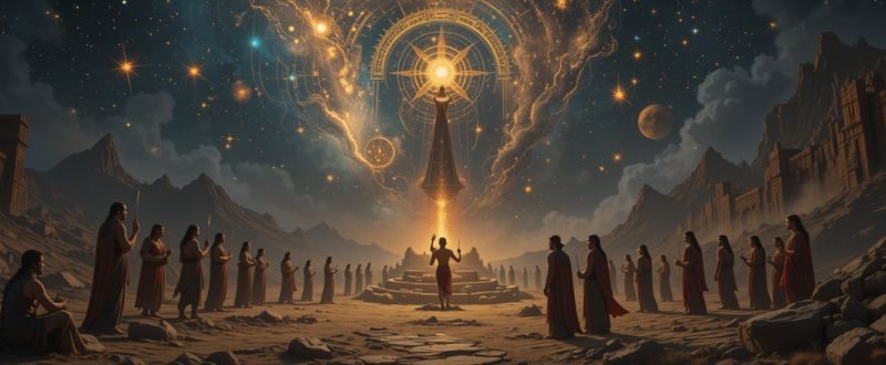 Civilizações antigas conectadas ao cosmos através de rituais e símbolos.