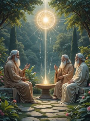 Sábios gregos e orientais discutindo a interconexão espiritual em harmonia com a natureza e a Filosofia da Unidade: Tudo Está Conectado no Universo Espiritual