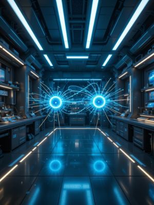 Partículas conectadas por linhas de energia em laboratório de física quântica.