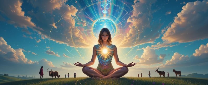 Pessoa meditando conectada energeticamente com tudo ao redor.