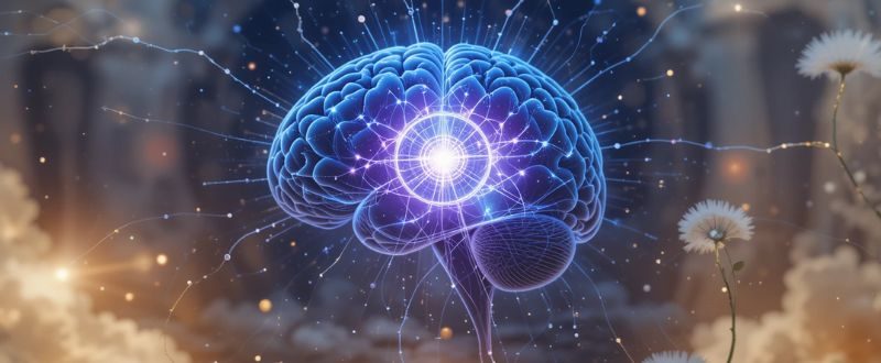 Ilustração espiritual da glândula pineal brilhando com energia cósmica