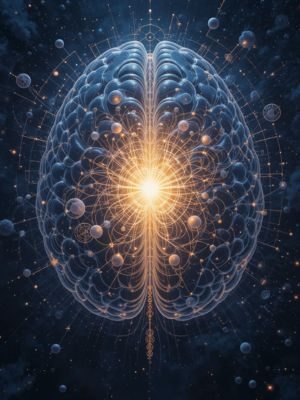 Imagem do cérebro humano com a glândula pineal em destaque com luz