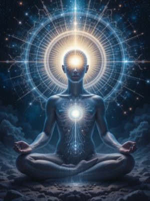 Pessoa meditando com o terceiro olho iluminado representando a glândula pineal.