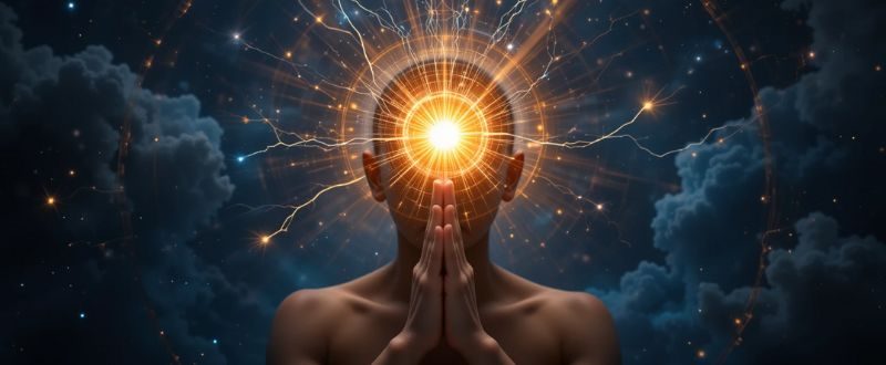 Pessoa em oração com a área da glândula pineal iluminada conectada à luz cósmica.