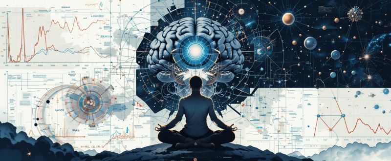 Cérebro humano e pessoa meditando com gráficos científicos e energia cósmica