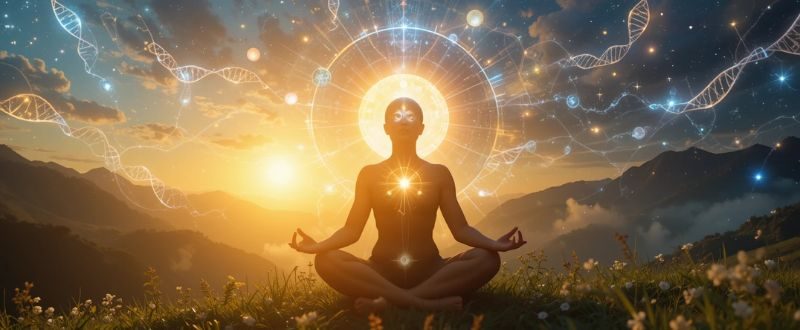 Pessoa fazendo yoga com luz emanando do corpo e fitas de DNA ao redor.