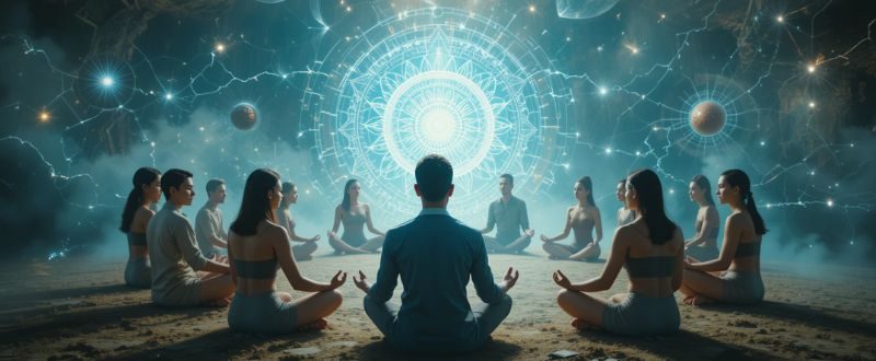 Grupo meditando em círculo com campos energéticos holográficos