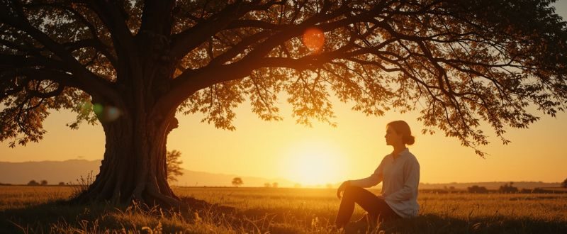 Pessoa sentada sob uma árvore ao pôr do sol olhando para o horizonte.