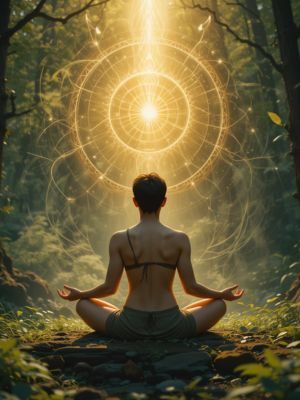Pessoa meditando na natureza cercada por energia espiritual.