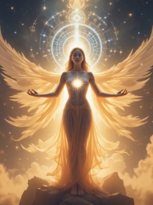 Figura etérea envolta em luz, simbolizando o alinhamento espiritual necessário para a Lei da Atração.