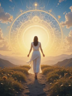 Pessoa caminhando em direção a um horizonte iluminado, simbolizando a realização de uma vida espiritual alinhada.