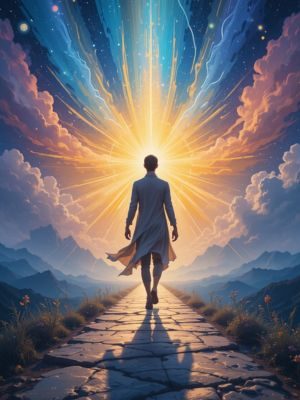 Pessoa caminhando em um caminho iluminado, alinhada ao seu propósito espiritual.