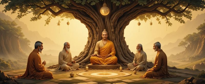 Mestres espirituais ensinando sobre o karma em uma cena ancestrale sobre a Lei do Karma e o Propósito da Vida sob a Ótica Espiritualista.