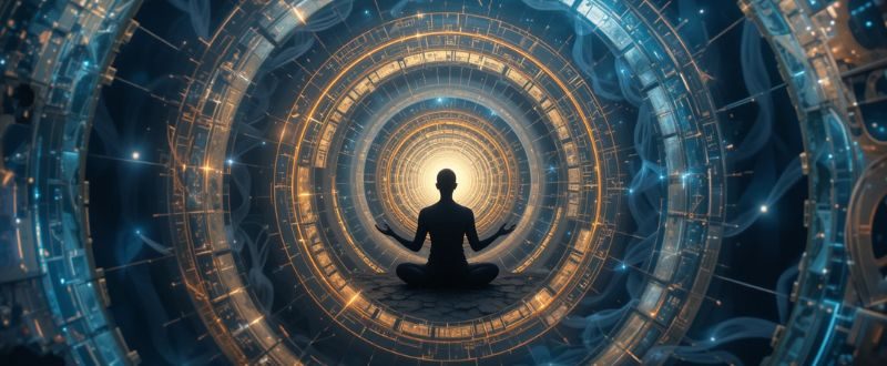 Pessoa meditando rodeada por um espiral representando os ciclos da vida.