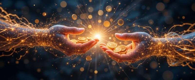 Duas mãos trocando energia e moedas com equilíbrio e luz.