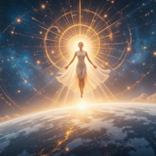 Representação artística de um ser espiritual de luz irradiando paz sobre o planeta.