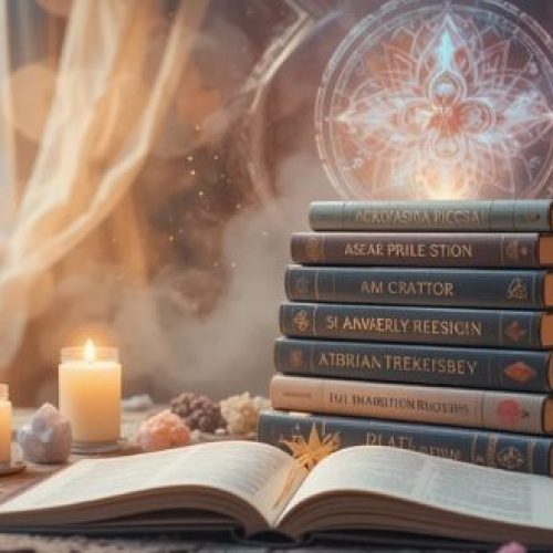 Ambiente acolhedor com livros para estudo de projeção astral e elementos místicos.