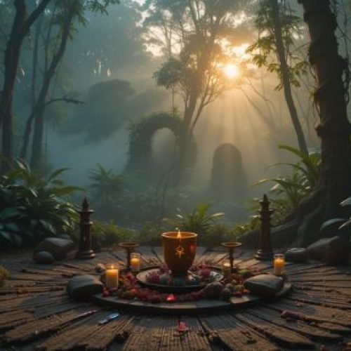 Espaço de cerimônia Ayahuasca ao amanhecer, com altar e xícara de Ayahuasca na floresta.