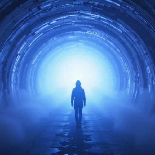 Ilustração de um túnel de luz brilhante – símbolo clássico de experiências de quase morte.
